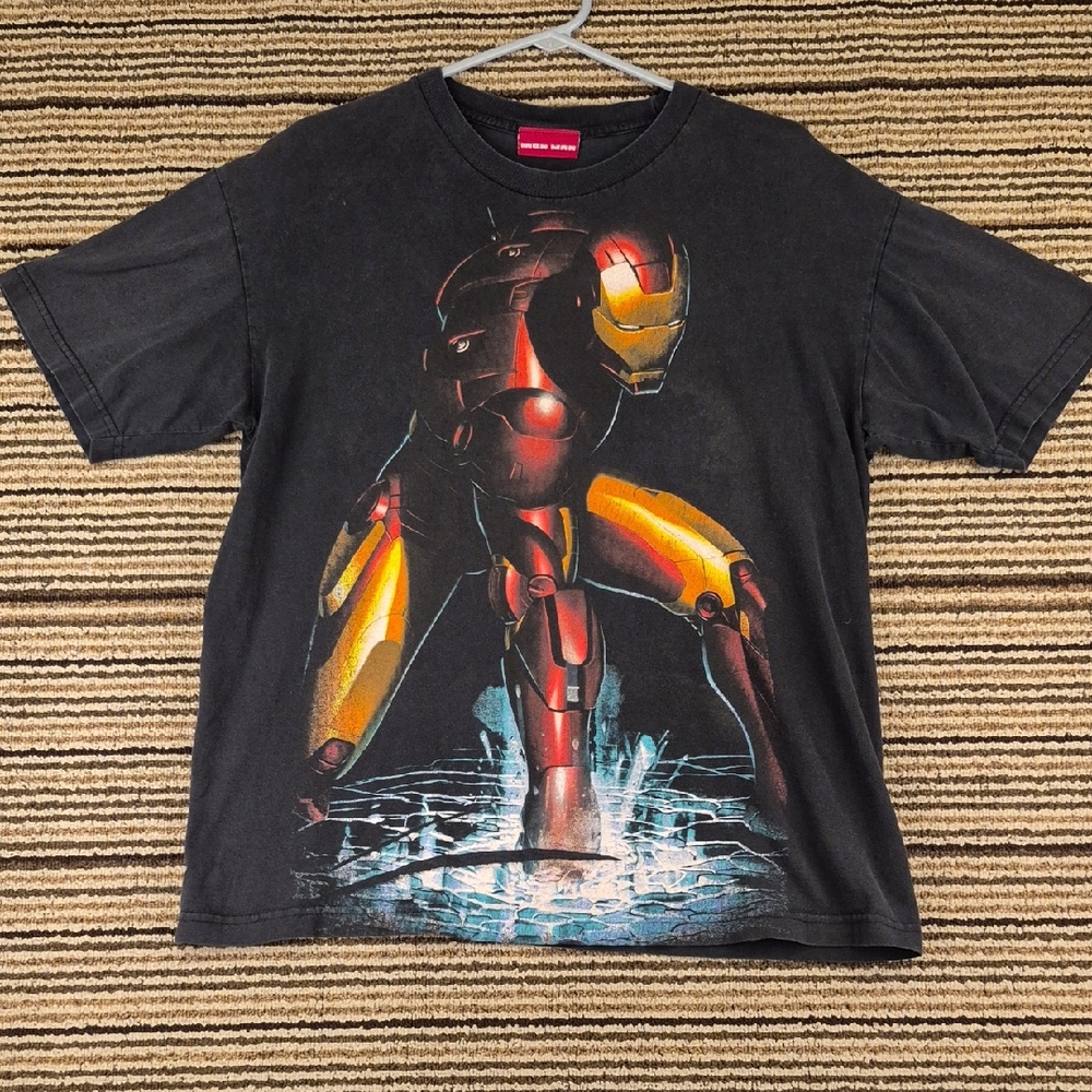 IRONMAN x Marvel Fade Black Cotton Sz L Mens Short Sleeve T Shirt VTG 2008 Y2K